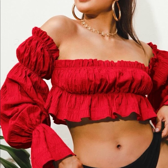 Crop top puff sleeve blouse red sexy summer party off shoulder top womens - Picture 3 of 5